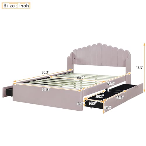 RUNNA Modern Queen Size Upholstered Platform Bed with 4 Drawers and 2 USB, Bed Frame for Bedroom Furniture (Pink/4 Drawers, Queen)