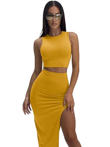 Image of ELLEVEN Two Piece Maxi Skirt Sets Summer 2 Piece Dress Outfits Sexy High Slit Long Skirt and Sleeveless Crop Top for Women Going Out Bodycon Yellow X-Small