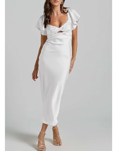 Image of Summer Satin Flutter Sleeve Wedding Guest Dresses for Women Sweetheart Neckline Cutout Tie Back Midi Cocktail Dress