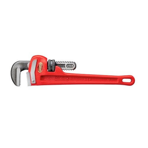RIDGID 31015 Heavy-Duty Straight Pipe Wrench, 12" Sturdy Plumbing Wrench with Self Cleaning Threads and Hook Jaws, Red, Small