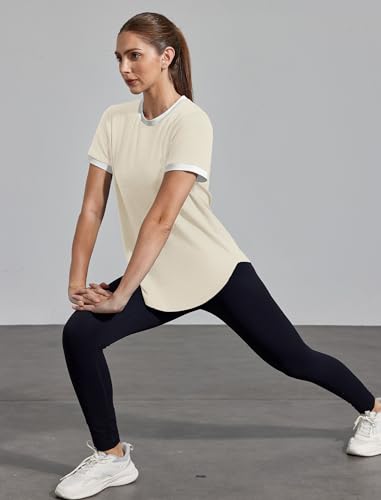 Image of Womens Workout Tops Summer Short Sleeve Shirts Athletic Color Block Gym Clothes Outfits Sun Protection UPF 50+ T Shirts