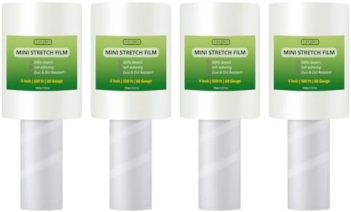 Mini Stretch Wrap Film, 4 Inch x 500 ft 80 Gauge, Industrial Strength, Clear Shrink Wrap for Pallet Wrapping with Handle, Durable Self-Adhering for Moving & Packaging, Tear Resistant, 4 Rolls