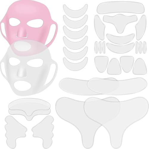 Maitys 32 Pcs Reusable Silicone Face Mask & Anti-wrinkle Patch Set Face Mask Cover Holder with Neck Chest Forehead Eye Mouth Wrinkle Patches Smoothing Overnight for Women (Clear Pink)