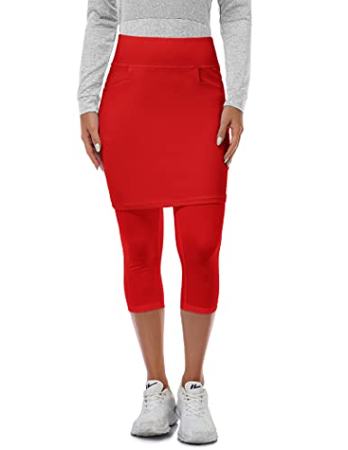 Women's Skirts Golf Tennis Skirts With Capri Leggings Knee Length Skirt With Leggings Athletic Skort With 4 Pockets Red Medium #TOP3