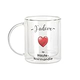 Fabulous Mug Verre Double Paroi - J'adore La Haute Normandie Region de France Rouen - Tasse a Cafe et The Isotherme 330ml Effet Suspendu Anti-Brulure Imprime en France