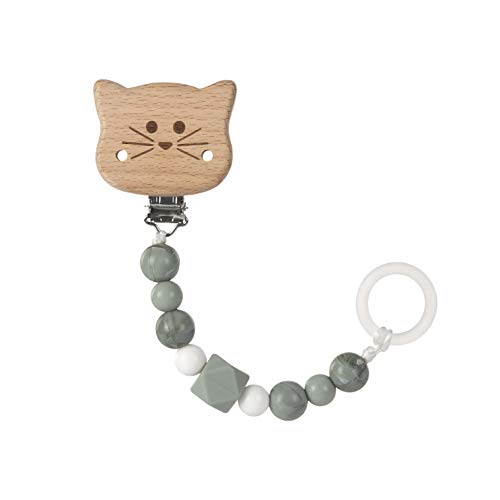 LÄSSIG Schnullerkette Schnullerband Silikon und Holz BPA frei/Little Chums Cat, grau  1313016108