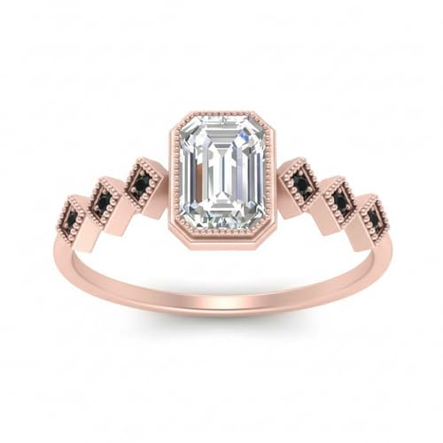 Image of Choose Your Gemstone Bezel Set Emerald Accented Diamond CZ Ring Rose Gold Plated Emerald Shape Side Stone Engagement Rings for Women, Girls and Ladies US Size 4 to 12