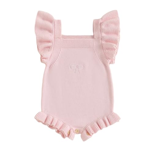 Image of KtwHarnu Newborn Baby Girl Clothes Bow Embroidery Romper Sleeveless Knit Romper Jumpsuit Sweater Bodysuit One-Piece Outfit