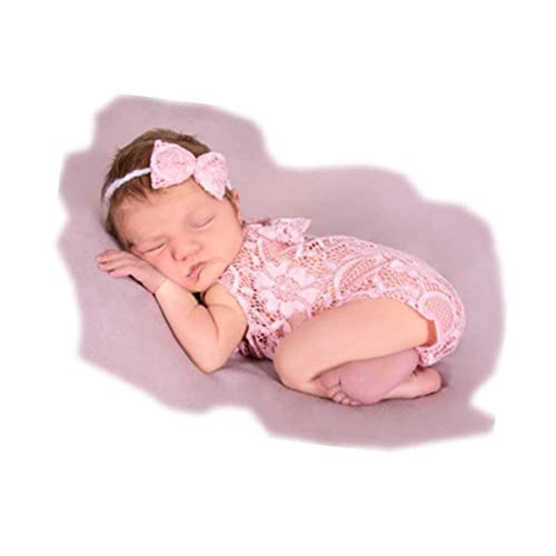 Newborn Infant Baby Photography Props Girls Lace Bow Vest Bodysuits Romper Photo Shoot Princess Clothes (Pink) - Thumbnail 2