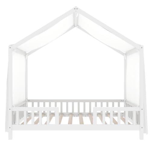 Image of Bellemave Twin House BedFrame with Canopy, Montessori Floor Bed, House Bed with Rails for Kids, White