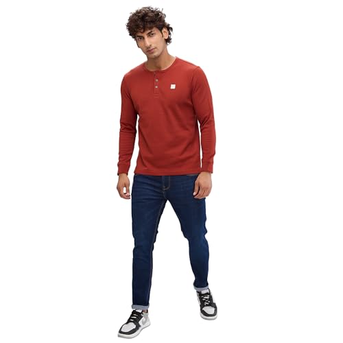 Image of Spykar Men's Slim Fit Henley Neck Full Sleeve Solid Casual T-Shirt