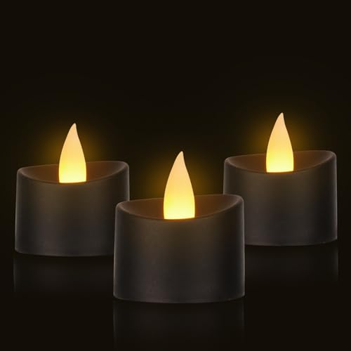 Image of Black Flameless Tea Lights - 12 Pack Modern LED Candles for Men, Memorial Decor, Gothic Weddings & Industrial Home Style (Black Base, 12 Pack)