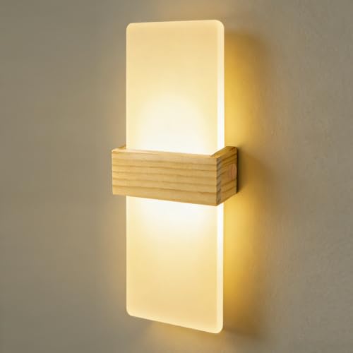 JaneYi Applique Murale Intérieure LED 12W Blanc Chaud 3000K Lampe Murale Moderne en Acrylique avec Boîtier en Bois Applique Éclairage Haut et Bas pour...