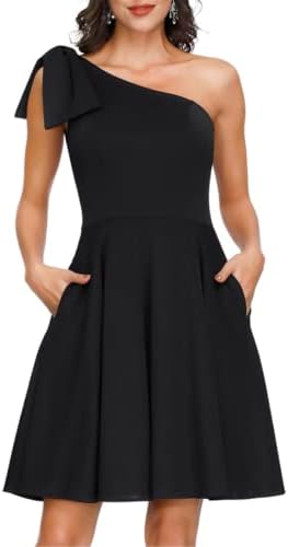 JASAMBAC Black Bow One Shoulder Dress for Women Party Formal Cocktail Dress for Wedding Guest Swing Dress Black S