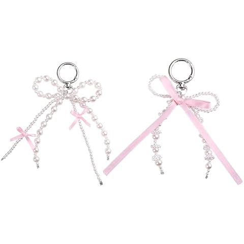 SMUOBT 2Pcs Cute Keychain Bow Keychain for Women, Pearl Bow Charms Aesthetic Bow Key Chains for Car Keys Cover