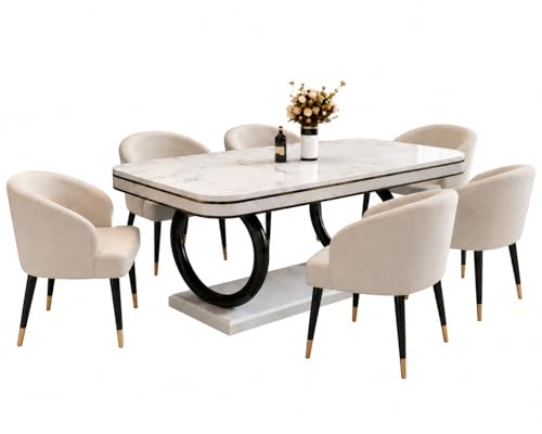 Image of WOODEN SPACE 6-Seater Wooden Dining Table Set | Nano Composite Marble Top | Solid Wood Base | Modern Dining Room Furniture with 6 Chairs (Lexus ClassicBeige)