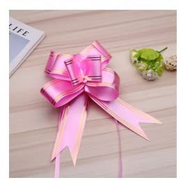 R.S.Collection 10 Bow 18mm Pull Bow Striped Ribbon String with 30cm Long Tulle Tails, Wedding Party, Bridal Gift Wrap, Wrapping Bows, Wedding Gift, Baskets, Christmas, Easter Bows (Pink)