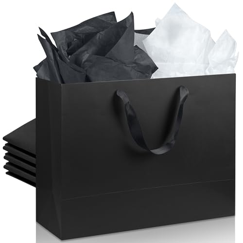 KEEPARTY 5 PCS Black Gift Bags with Handles 16 x 12 x 6 Inches Black Kraft Paper Shopping Bags with Ribbon Handles for Party Business Wedding Birthday Graduation Fathers Day