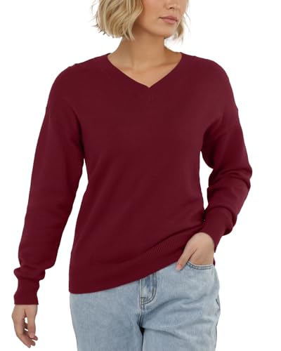 PrinStory Damen Pullover V-Ausschnitt Strickpullover Langen Ärmeln Sweatshirts Lässige Sweater Strickwaren (Weinrot, L)