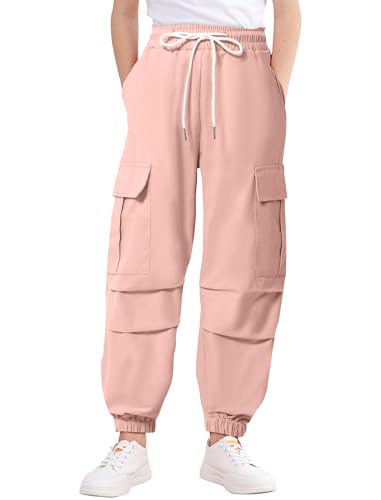 Image of JiAmy Girls Cargo Pants Elastic High Waist Drawstring Pants Jogger Trousers Casual Loose with Pockets 6-14Y
