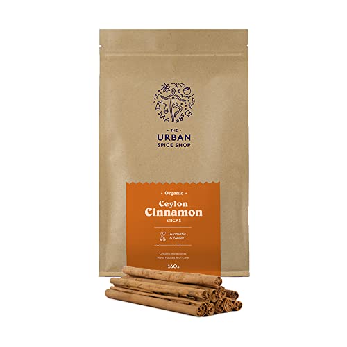 The Urban Spice Shop Organic Ceylon Whole Cinnamon Sticks, USDA Certified. Top Grade 16 Oz pack, Fresh Cinnamon Quills for Cooking, Drinks, True Cinnamon from Sri Lanka.