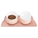 Navaris Gamelle avec Tapis - Lot 2X Bol 250 ML en céramique pour Chien Chat avec Tapis en Silicone 46 x 25 cm - Écuelle pour croquettes Eau pâtée
