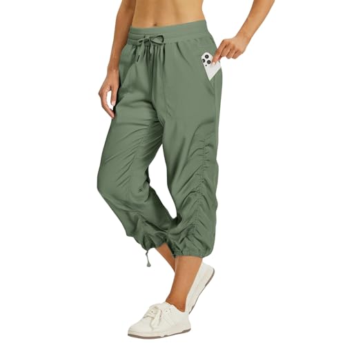 Quick Dry Pants Women Loose Drawstring High Waisted Hiking Cropped Pants with Pockets Pull On Capris for Summer