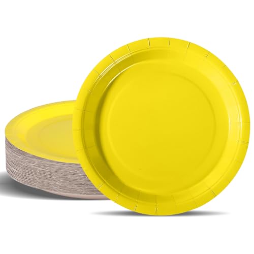 PYAILI Assiettes Jetables de Fête en Carton Jaune - 50 pièces (23 cm)