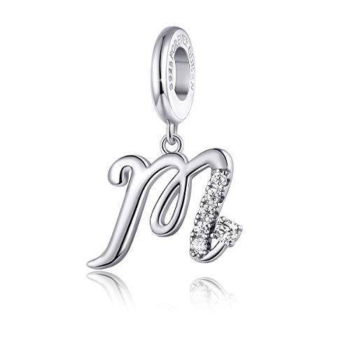 FOREVER QUEEN Initial A-Z Letter Charm 925 Sterling Silver Dangle Beads Charm Red Zircon Alphabet Pendants for Snake Chain Bracelets Necklace Mother Gift Jewelry