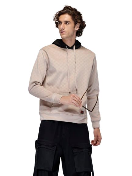 WROGN Men's Velvet Finish Hoodie | Check Texture | Comfort Fit in neutral