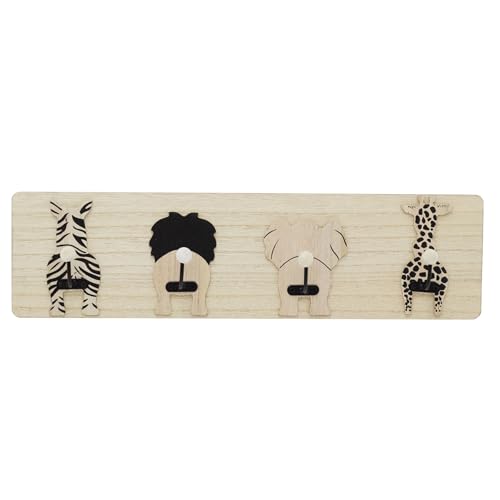 Image of Carousel Home Safari Animal Coat Rack for Kids, 4 Wood & Metal Coat Pegs Tiger Zebra Giraffe Lion, 45cm Wall Hooks Nursery and Children’s Bedroom Decor