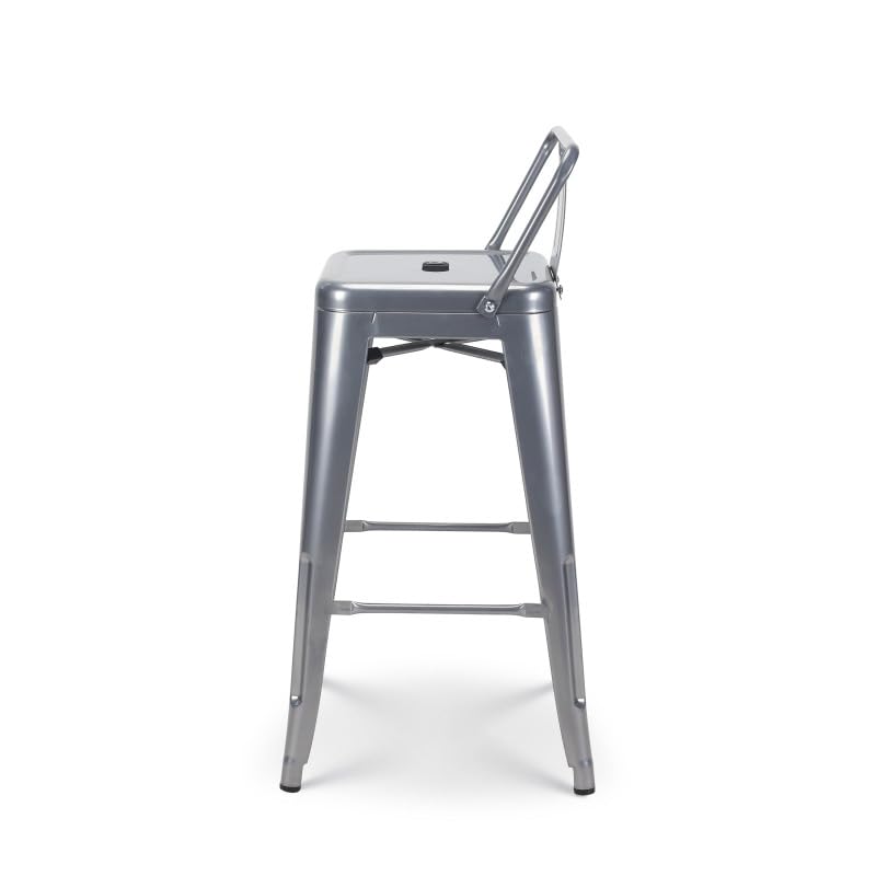 Kosmi - Lot de 4 tabourets de Bar en métal Brut Silver avec Dossier - Hauteur Assise 66cm