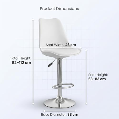 Image of activa Rapid Bar Stool Chair with Height Adjustable Design, Padded Seat & Footrest | Modern Metal Counter Stool for Kitchen, Home, Bar & Cafe Seating | Durable Comfort Chair (White, Set 1)