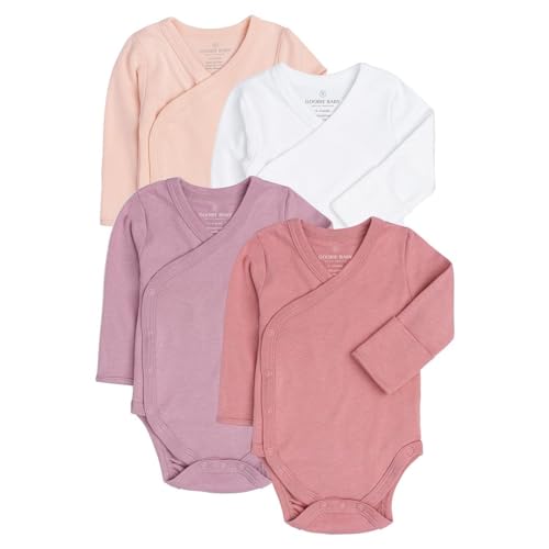 Goobie Baby - Baby Side Snap Kimono Bodysuit Set - 100% Cotton Wrap Undershirts with Mitten Cuffs, 4 Pack (Pink Combo, 0-3 Months) - Best Deal on Amazon