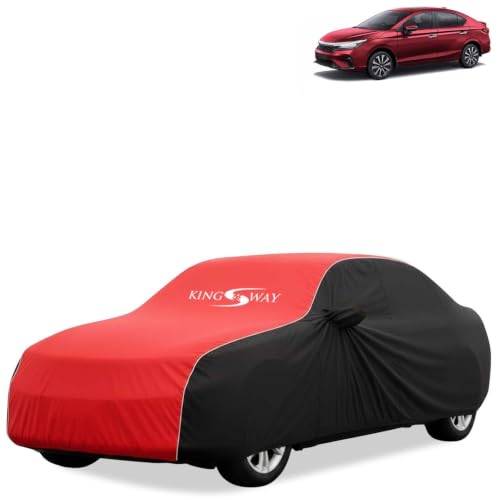 Image of KINGSWAY Super Waterproof Car Cover Only with Honda City (Year 2023 Onwards - All Model) | Mirror and Antenna Pockets | All Weather Car Body Cover with Silver Piping | Black Red