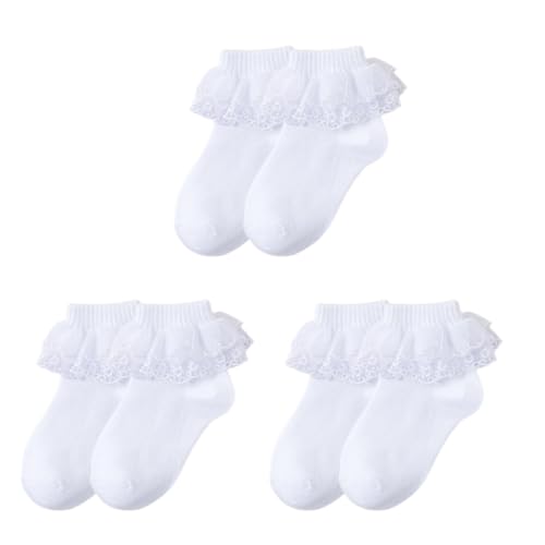 Pack of 3 Pair Girls Frilly Ankle Socks Comfortable Cotton Socks with Delicate Lace Edging for Parties and School