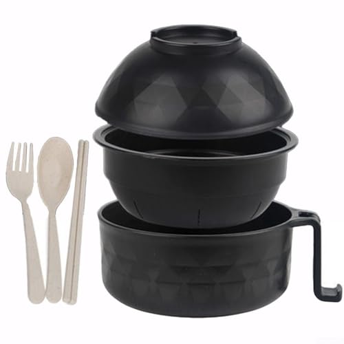 Ensemble de bols à nouilles ramen - Grand bol à ramen pour micro-ondes - Avec baguettes et cuillère pour soupe instantanée - PP - Style asiatique - Noir