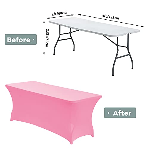 Image of CWK 4FT Waterproof Stretch Spandex Table Cover for Rectangular Tables - Elastic Fitted Tablecloth for Folding Tables,Wrinkle Resistant Table Cloth for Parties, Weddings, Banquets & Events (Pink)