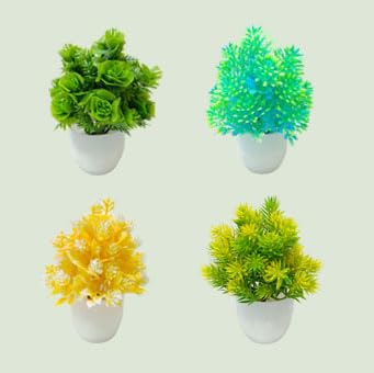 Exotica G,Rose,Greenish,Yellow,Y.Green Multi Colour Flower Artificial Plants| with Small Round Pot Set of 4 for Home Decor Living Room, Office, Decorative Small Plant,for Decor20