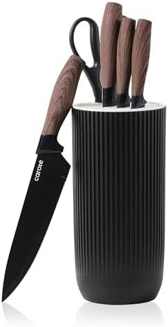 CAROTE 6Pcs Knife Set with Block, High Carbon Stainless Steel Sharp Blade Block Knife Set, Cutlery with Ceramic Surface, Black