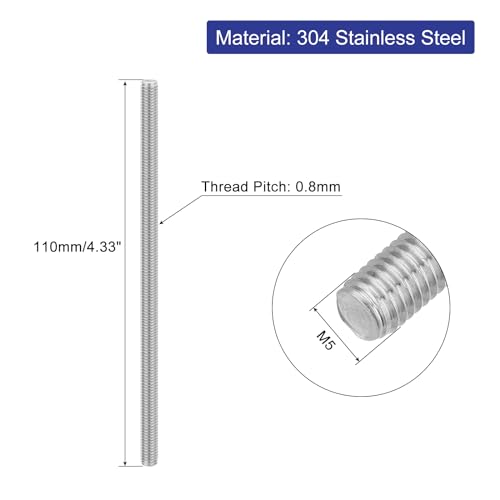 QUARKZMAN 3 Stück Gewindestangen, M5 x 110mm, 304 Edelstahl, Gewindestab mit metrischem Vollgewinde, M5-0,8 Gewindestift für Möbel- und Maschinenmontage