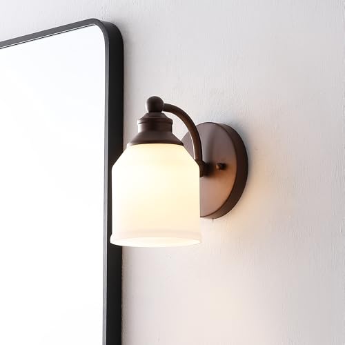 Image of JONATHAN Y 5.13 inch Oil Rubbed Bronze White 1-Light Metal Glass Candlestick Vanity Light Wall Sconce Farmhouse Transitional for Bathroom with Frosted Glass Shade LED Bulb Included JYL7549B