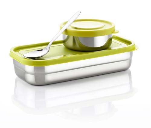 Image of TOFEE Big Stainless Steel Lunch Box for Office & School | Leak-Proof Tiffin with Small Container & Spoon | BPA-Free Airtight Lid | Compact & Durable Lunch Box for Travel (900ml) (Lime Yellow)