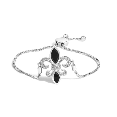 Haus of Brilliance .925 Sterling Silver Marquise Black Onyx and Diamond Accent Lariat 4”-10” Fleur De Lis Adjustable Bolo Bracelet (I-J Color, I1-I2 Clarity)