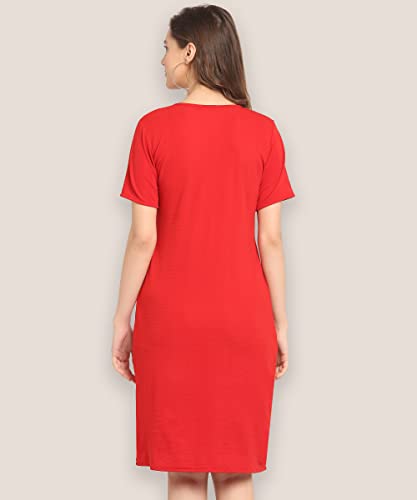 Image of OOMPH! Women's Western & Fusion wear Above Knee /Mid Thigh Length Sheath Red Dress in Lycra Blend Fabric with V Neck and Short Sleeve