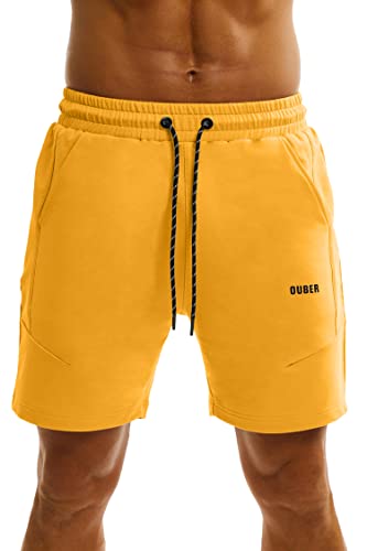 Ouber Men's 6" Athletic Gym Shorts Cotton Workout Shorts With Zipper Pocket Bodybuilding Sweat Shorts Yellow,S #TOP4