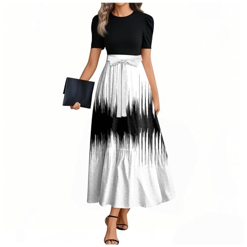 Spring Dresses for Women Long Wedding Guest Swing Sun Dresses with Belt Trendy Ruffle Hem Tshirt Dress Vestidos De Noche Elegantes Largos Church Clothes for Women(1-Black,Small)