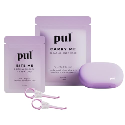 Image of PUL Aligner Care Convenience Kit - Case + 2 in 1 Tool for Invisalign, Retainers, Partial Dentures, Mouthguards and Night and More - Purple Case and 2 Packs of Purple Chewie Butt Aligners