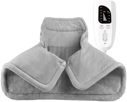 Weighted Heating Pad for Neck, Shoulders & Back Pain Relief - 6 Heat Settings & 4 Auto-Off Timers, Ergonomic Heated Wrap - Ideal Gift for Women, Men, Mom, Dad (Light Grey)