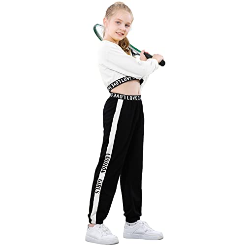 Image of Betusline Girls Clothing Sets, 2 Pieces Pullover Crop Sweatshirt + Running Pants Cropped Sweatsuit Tennis Clothes Set, Butterfly White Black, 9-10 Years